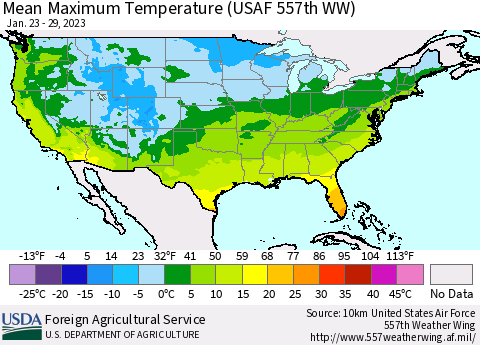 United States Mean Maximum Temperature (USAF 557th WW) Thematic Map For 1/23/2023 - 1/29/2023