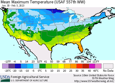 United States Mean Maximum Temperature (USAF 557th WW) Thematic Map For 1/30/2023 - 2/5/2023