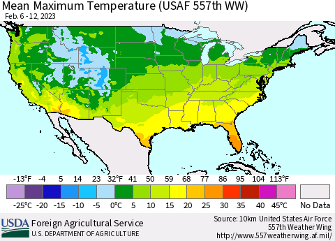 United States Mean Maximum Temperature (USAF 557th WW) Thematic Map For 2/6/2023 - 2/12/2023