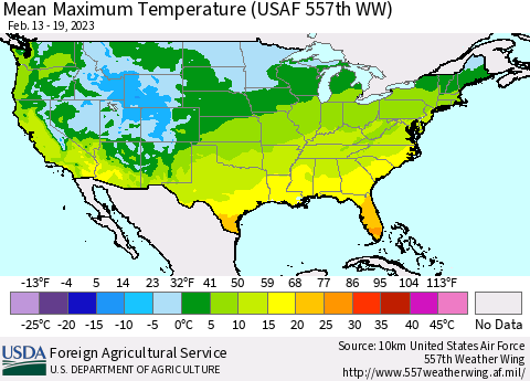 United States Mean Maximum Temperature (USAF 557th WW) Thematic Map For 2/13/2023 - 2/19/2023