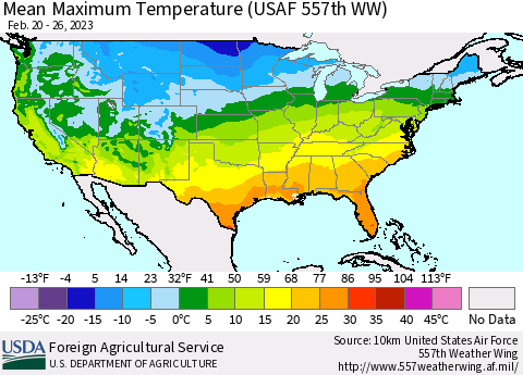 United States Mean Maximum Temperature (USAF 557th WW) Thematic Map For 2/20/2023 - 2/26/2023