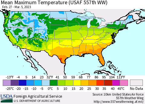 United States Mean Maximum Temperature (USAF 557th WW) Thematic Map For 2/27/2023 - 3/5/2023