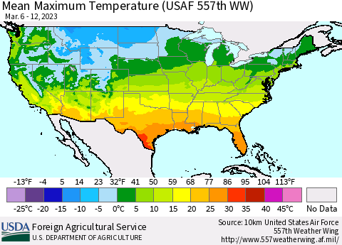United States Mean Maximum Temperature (USAF 557th WW) Thematic Map For 3/6/2023 - 3/12/2023