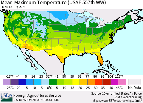 United States Mean Maximum Temperature (USAF 557th WW) Thematic Map For 3/13/2023 - 3/19/2023
