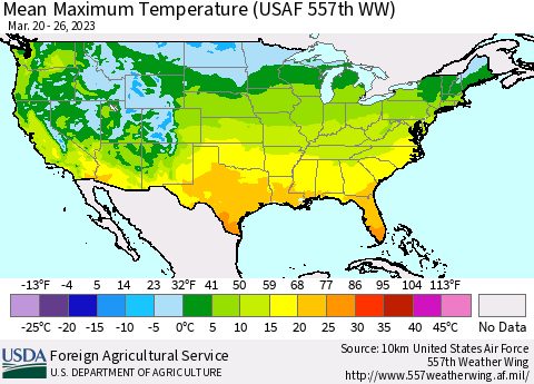 United States Mean Maximum Temperature (USAF 557th WW) Thematic Map For 3/20/2023 - 3/26/2023