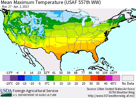 United States Mean Maximum Temperature (USAF 557th WW) Thematic Map For 3/27/2023 - 4/2/2023