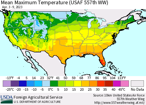 United States Mean Maximum Temperature (USAF 557th WW) Thematic Map For 4/3/2023 - 4/9/2023