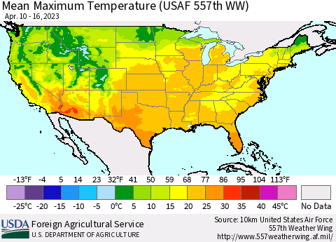 United States Mean Maximum Temperature (USAF 557th WW) Thematic Map For 4/10/2023 - 4/16/2023