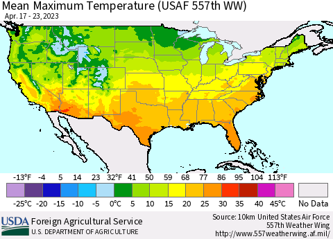 United States Mean Maximum Temperature (USAF 557th WW) Thematic Map For 4/17/2023 - 4/23/2023