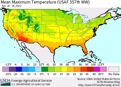 United States Mean Maximum Temperature (USAF 557th WW) Thematic Map For 4/24/2023 - 4/30/2023
