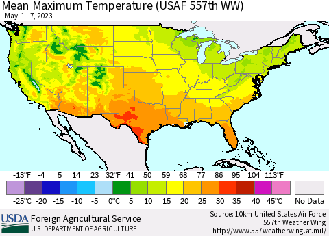 United States Mean Maximum Temperature (USAF 557th WW) Thematic Map For 5/1/2023 - 5/7/2023