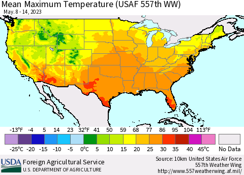 United States Mean Maximum Temperature (USAF 557th WW) Thematic Map For 5/8/2023 - 5/14/2023