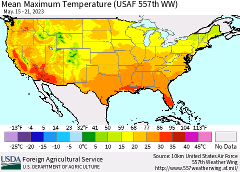 United States Mean Maximum Temperature (USAF 557th WW) Thematic Map For 5/15/2023 - 5/21/2023