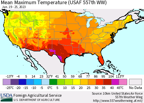 United States Mean Maximum Temperature (USAF 557th WW) Thematic Map For 6/19/2023 - 6/25/2023