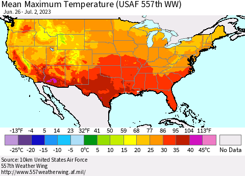 United States Mean Maximum Temperature (USAF 557th WW) Thematic Map For 6/26/2023 - 7/2/2023