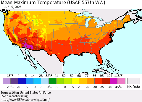 United States Mean Maximum Temperature (USAF 557th WW) Thematic Map For 7/3/2023 - 7/9/2023