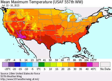 United States Mean Maximum Temperature (USAF 557th WW) Thematic Map For 7/10/2023 - 7/16/2023