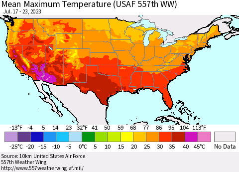 United States Mean Maximum Temperature (USAF 557th WW) Thematic Map For 7/17/2023 - 7/23/2023