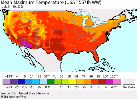 United States Mean Maximum Temperature (USAF 557th WW) Thematic Map For 7/24/2023 - 7/30/2023