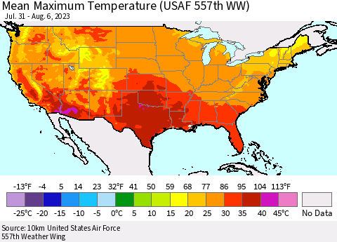 United States Mean Maximum Temperature (USAF 557th WW) Thematic Map For 7/31/2023 - 8/6/2023