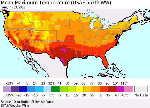 United States Mean Maximum Temperature (USAF 557th WW) Thematic Map For 8/7/2023 - 8/13/2023