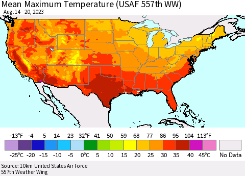 United States Mean Maximum Temperature (USAF 557th WW) Thematic Map For 8/14/2023 - 8/20/2023