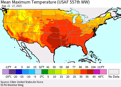 United States Mean Maximum Temperature (USAF 557th WW) Thematic Map For 8/21/2023 - 8/27/2023