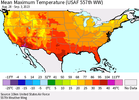 United States Mean Maximum Temperature (USAF 557th WW) Thematic Map For 8/28/2023 - 9/3/2023