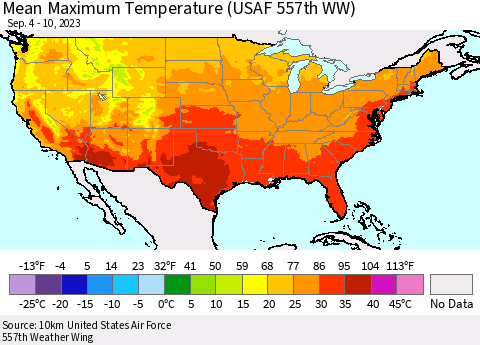United States Mean Maximum Temperature (USAF 557th WW) Thematic Map For 9/4/2023 - 9/10/2023
