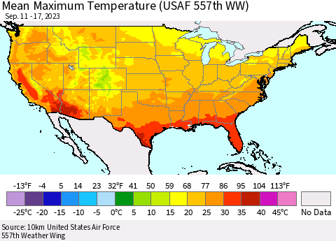 United States Mean Maximum Temperature (USAF 557th WW) Thematic Map For 9/11/2023 - 9/17/2023