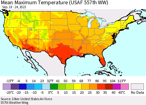 United States Mean Maximum Temperature (USAF 557th WW) Thematic Map For 9/18/2023 - 9/24/2023
