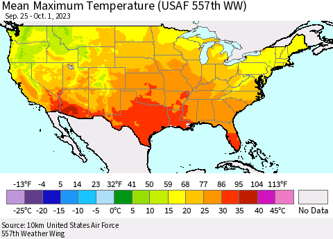 United States Mean Maximum Temperature (USAF 557th WW) Thematic Map For 9/25/2023 - 10/1/2023