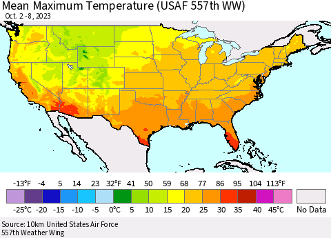 United States Mean Maximum Temperature (USAF 557th WW) Thematic Map For 10/2/2023 - 10/8/2023