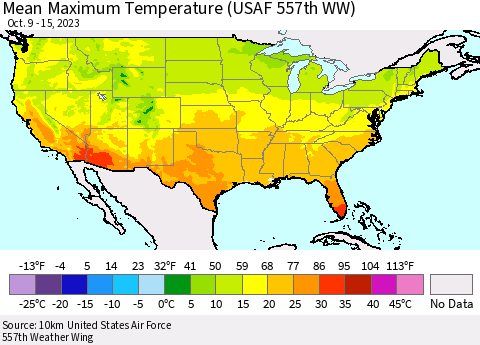 United States Mean Maximum Temperature (USAF 557th WW) Thematic Map For 10/9/2023 - 10/15/2023