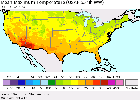 United States Mean Maximum Temperature (USAF 557th WW) Thematic Map For 10/16/2023 - 10/22/2023