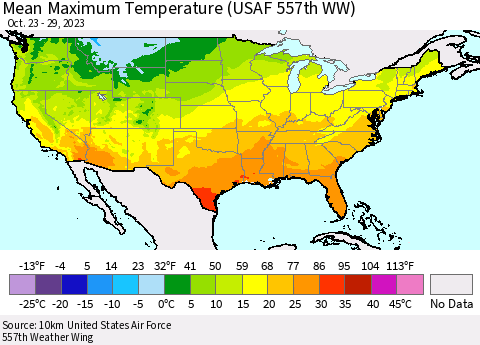 United States Mean Maximum Temperature (USAF 557th WW) Thematic Map For 10/23/2023 - 10/29/2023