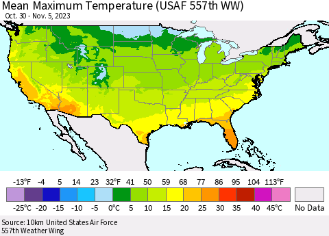 United States Mean Maximum Temperature (USAF 557th WW) Thematic Map For 10/30/2023 - 11/5/2023