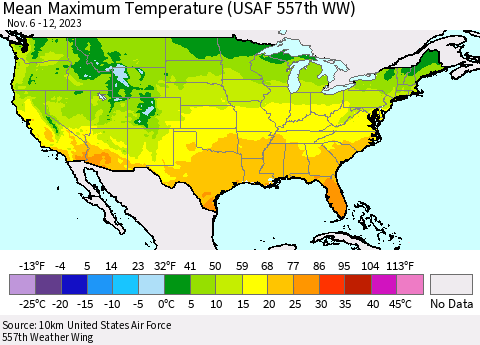 United States Mean Maximum Temperature (USAF 557th WW) Thematic Map For 11/6/2023 - 11/12/2023