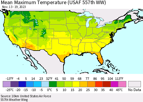 United States Mean Maximum Temperature (USAF 557th WW) Thematic Map For 11/13/2023 - 11/19/2023