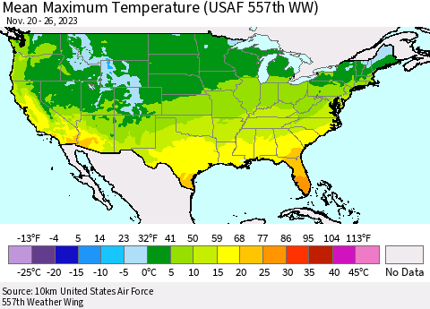 United States Mean Maximum Temperature (USAF 557th WW) Thematic Map For 11/20/2023 - 11/26/2023