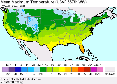 United States Mean Maximum Temperature (USAF 557th WW) Thematic Map For 11/27/2023 - 12/3/2023