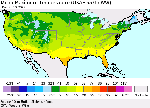 United States Mean Maximum Temperature (USAF 557th WW) Thematic Map For 12/4/2023 - 12/10/2023