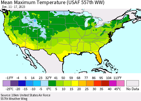 United States Mean Maximum Temperature (USAF 557th WW) Thematic Map For 12/11/2023 - 12/17/2023