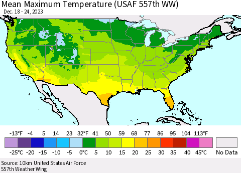 United States Mean Maximum Temperature (USAF 557th WW) Thematic Map For 12/18/2023 - 12/24/2023
