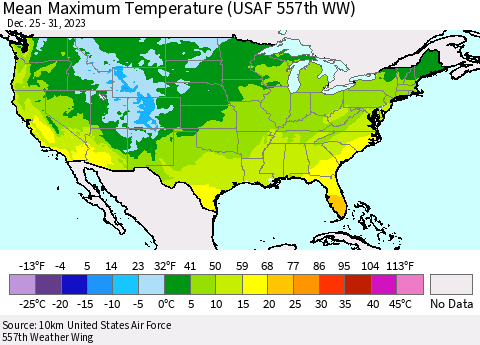 United States Mean Maximum Temperature (USAF 557th WW) Thematic Map For 12/25/2023 - 12/31/2023