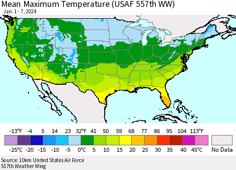 United States Mean Maximum Temperature (USAF 557th WW) Thematic Map For 1/1/2024 - 1/7/2024