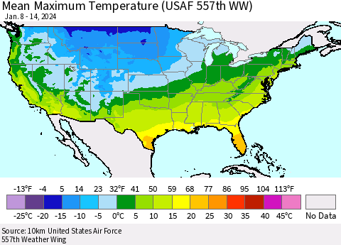United States Mean Maximum Temperature (USAF 557th WW) Thematic Map For 1/8/2024 - 1/14/2024