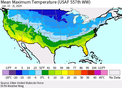 United States Mean Maximum Temperature (USAF 557th WW) Thematic Map For 1/15/2024 - 1/21/2024