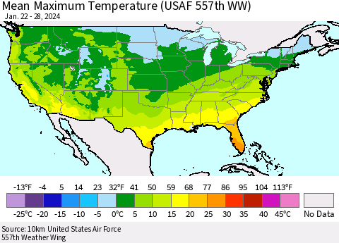 United States Mean Maximum Temperature (USAF 557th WW) Thematic Map For 1/22/2024 - 1/28/2024