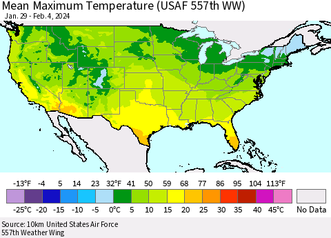 United States Mean Maximum Temperature (USAF 557th WW) Thematic Map For 1/29/2024 - 2/4/2024